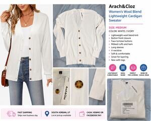 Arach&Cloz Women’s White Button Front Lightweight Cardigan Sweater Medium NWT